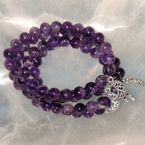 Jewelry - Purple Amethyst 8mm Crystal Beaded Bracelet with Silver Moon Charm